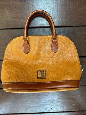 Vintage Dooney & Bourke Pebbled Leather Zip Zip Satchel Bag Caramel Brown